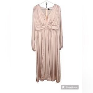 SHEIN curve pale pink mesh deep V balloon sleeve maxi dress size 14 (1XL)